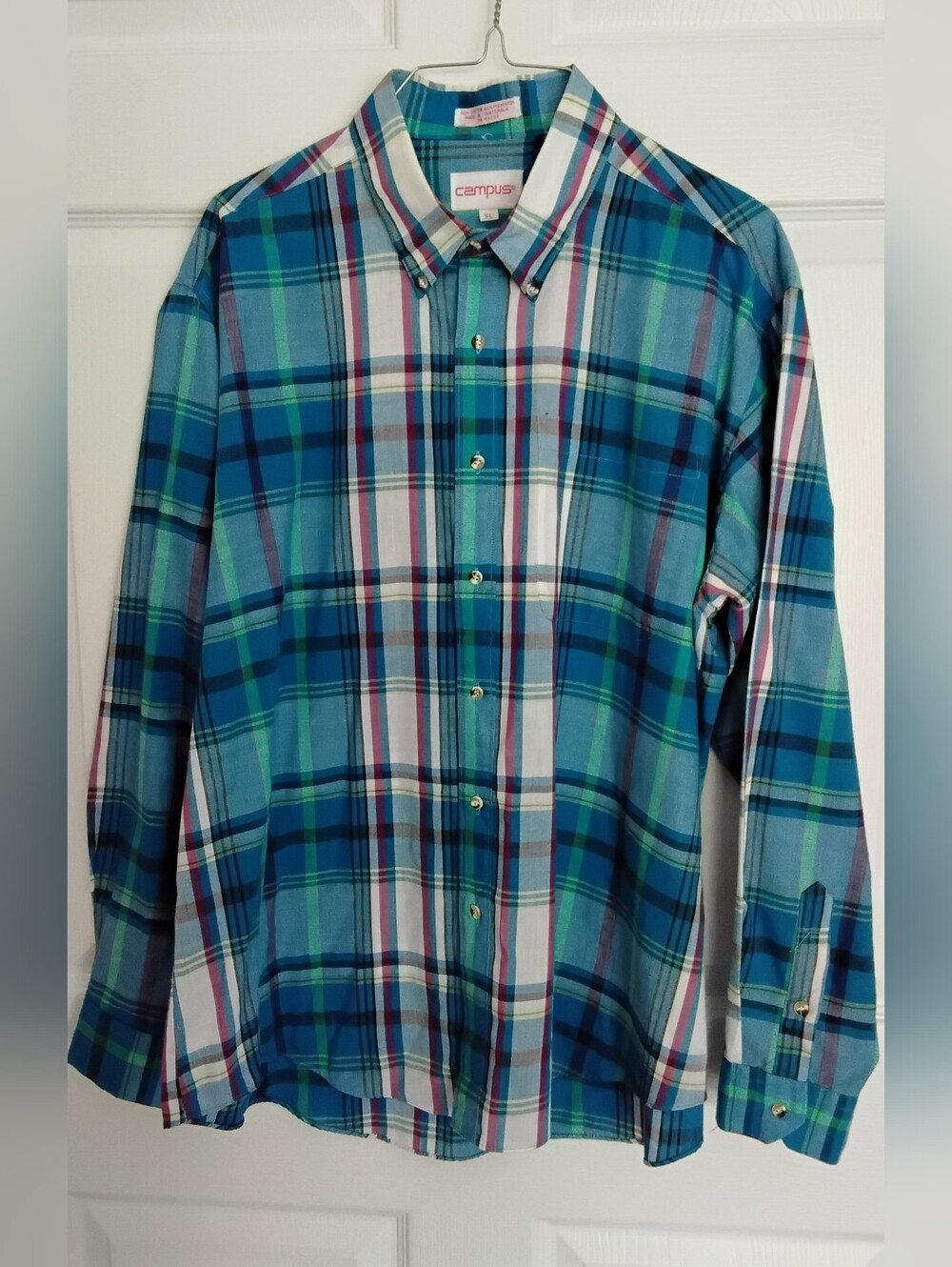 Vtg Campus Men's Teal & Blue Plaid Button-Down Shirt